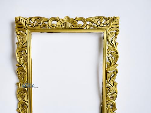 Image of Rectangular Wooden Mirror Frame for Wall Decoration | Wall Mount Frame for Bedroom & Living Room | Solid Mango Wood | Antique Gold Finish | 4 x 2.5 Feet | Mirror Not Included