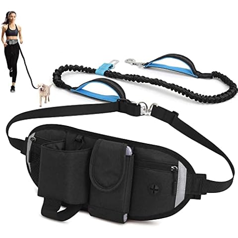 Hands Free Dog Leash with Pouch, Adjustable Waist Dog Leash with Shock Absorbing Bungee Leash, Padded Handles Reflective Stitches and Bottle Holder, for Running Walking Jogging Training Hiking (Oval) Cover