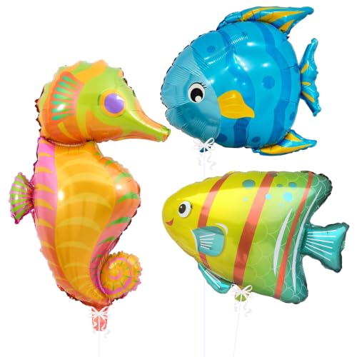 Image of 3 Pcs Ocean Theme Foil Balloon Set for Birthday Party Decoration | Seahorse, Tropical Fish & Blue Fish Shape Helium Balloons | Under the Sea Mermaid Theme Kids Birthday