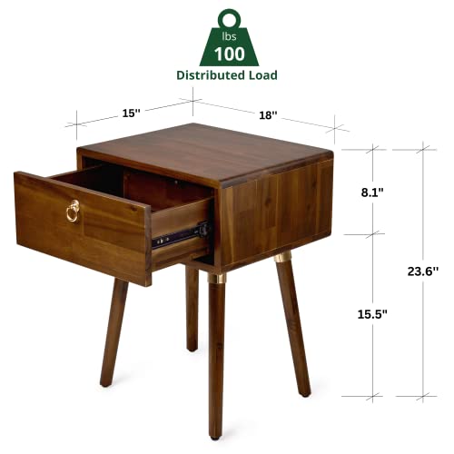 Image of Bme Caden Solid Wood Nightstand /Side Table /End Table, Fully Assembled, with 1-Drawer for Mid Century Bedroom and Living Room, Dark Chocolate