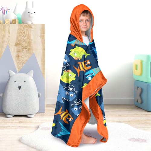 Image of Shark Boys Beach Towel with Hoodie for Kids Toddlers Age 4-8,Shark Blue Bath Towels Shower Wrap for Boys, Hooded Poncho Beach Blanket for Pool Swimming Cute Wearable Bath Towel for Child