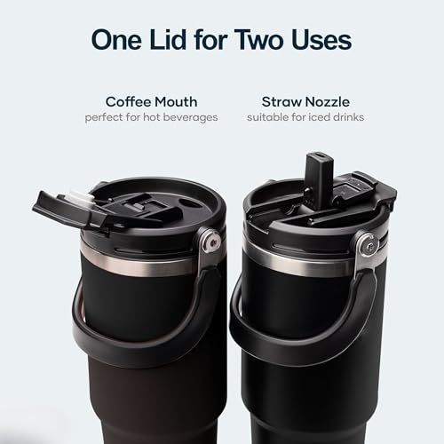 Image of MaxSip 890ml Car & Desk Mug | Double Action Lid - Flip Top & Straw | Stainless Steel 304 | Vacuum Insulated Tumbler | Black Travel Mug (Dual lid)