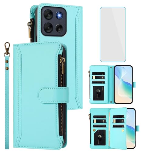 OUEAYIEN Funda para Motorola Moto G56 5G Tapa Libro con Protector Pantalla [9 Ranuras Tarjetas] Cuero Cremallera Cartera móvil Carcasa para Motorola G 56 MotoG56 Menta