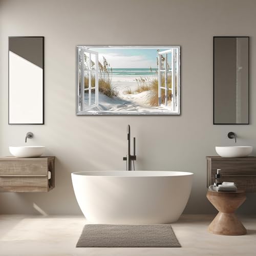 Beach Window Canvas Wall Art, Relaxing Bedroom Living Room Blue Ocean Coastal Scene Picture, Modern Tropical Sea Landscape Painting Print Decor Horizontal Summer Seascape Artwork for Home 32"x48" - Image 2