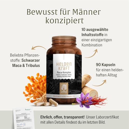 Maca Kapseln hochdosiert - Maca Extrakt mit Tribulus terrestris, Cordyceps, Bockshornklee, Zink, Ginseng...