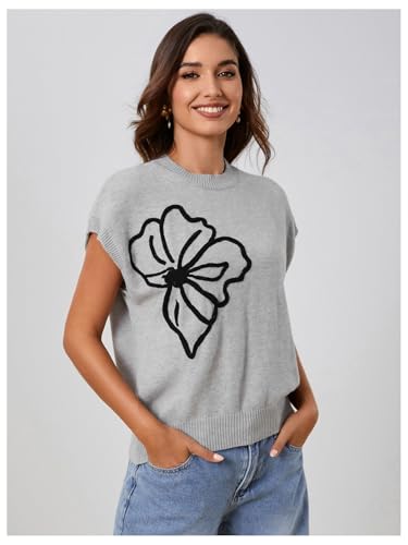 Image of Verdusa Women's Old Money Floral Summer Sweaters Vest Cap Sleeves Crew Neck Knit Tops