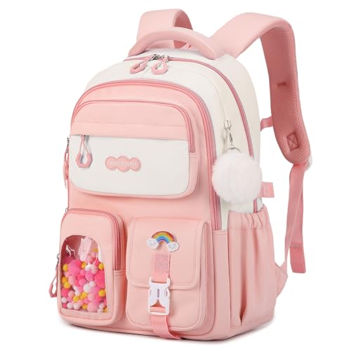 Schulrucksack Mädchen 2-7 Klasse, 17L Kinderrucksack Mädchen Leicht | Atmungsaktives Rückenpolster | Gepolsterte Schultergurte | Brustgurt, Schulranzen Kinder Schule Rucksack 7-10 Jahre,Rosa