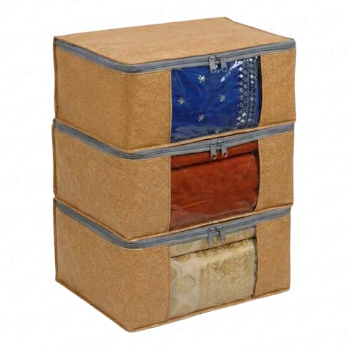Image of Lukzer Non-Woven Leather Printed Saree Covers for Storage with Transparent Window & Zip - Large Set of 03 | Cloth Storage /Wardrobe Organizer for Woman Clothes /Lehengas /Dresses 45x33x20CM - (LSC-03-03)