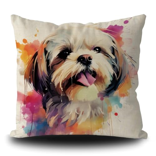 Ganshan Bi Cute Shih Tzu Dog Throw Pillow Cover Colorful Painting Dog Puppy Art Decorative Pillow Case for Bed Couch Sofa Dog Lover Gift 20X20 Inch Linen Double Side, Style 2, YMBZ-8965