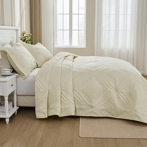 Image of Kingnex Oversized King Bedspreads 128x120 for Tall King or Cal King Bed Ultrasonic Quilted Coverlet Set 3 Piece Include 1 Extra Wide Quilt 2 Pillowcases Cream