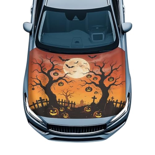 Image of Moon Halloween Tree Car Hood Cover Polyester Elastic Fabrics Washable Suitable for Large SUV and Pickup Trucks 39x59in