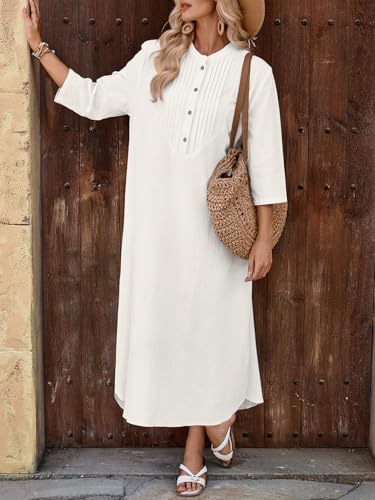 Image of Celmia Autumn Solid Loose Long Maxi Dress Cotton Caftan