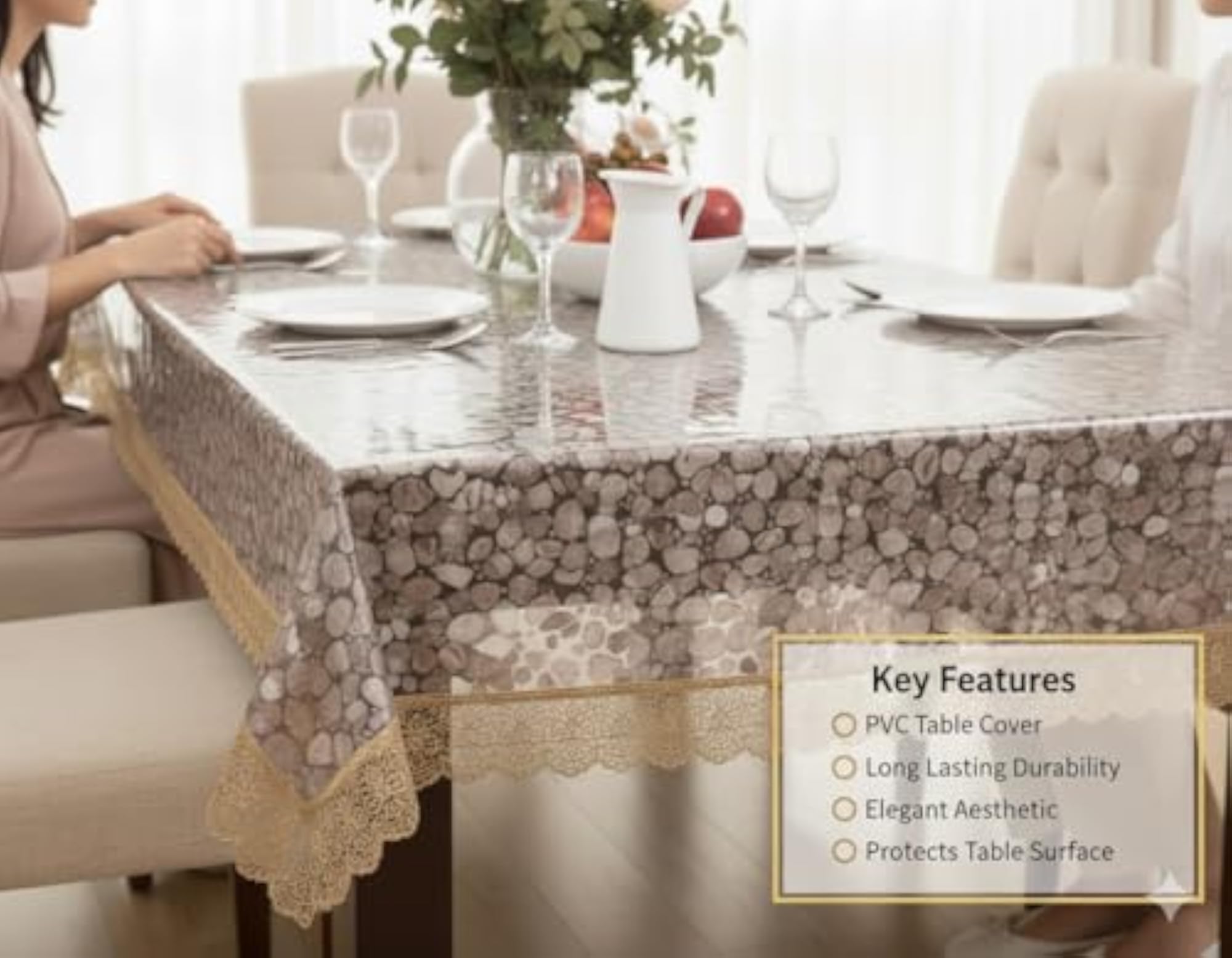 PVC 3D Bubble Transparent Rectangle Table Cover, Golden Lace