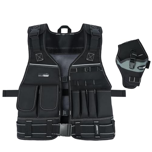 MELOTOUGH Electrician Tool Vest with Drill Holster Adjustable Utility Tool Vest with Multi-Pocket Storage Detachable 2 Inch Wide Belt Reflective Strips for Men Construction Handyman (Black)