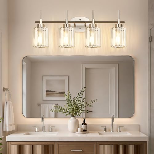 Image of Modern Crystal Vanity Light Fixtures, 4-Light Brushed Nickel Bathroom Vanity Lighting Over Mirror, Bathroom Light Fixture with K9 Clear Crystal Shades for Bedroom, Living Room, Hallway
