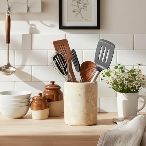 Marble Utensil Holder 6.5 Inch Travertine Utensil Caddy, Wooden Cooking Utensils Set & Spatula Organizer for Kitchen Counter Decor, Stone Crock for Spoon Holder & Farmhouse Decor - Image 3