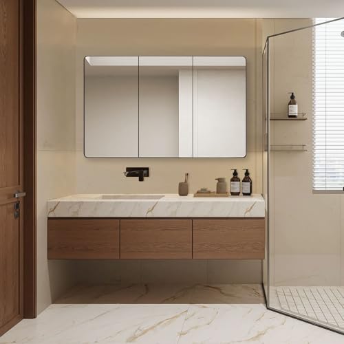Image of IDYLLOR Bathroom Mirror Medicine Cabinet with Round Corner Framed Door 48 x 30 inch, Black,Recessed or Surface Mount, with Adjustable Glass Shelves