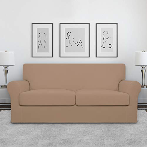 Image of Easy-Going Stretch Oversized Loveseat Couch Cover for 2 Cushion Washable | Sofa Slipcover for Stretch 2 Separate Sectional Cushion Couch - Furniture Protector for Pets, Kids Camel