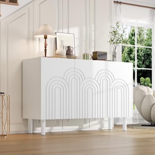 vutizal 3 Türen Sideboard Weiß mit verstellbaren Fächern, Aufbewahrungsschrank MDF strukturiert, 5 Ebenen Kommode für Wohnzimmer & Flur, 120x39x79 cm
