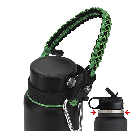 QeeCord Paracord Handle Compatible with Hydro Flask 2.0 Wide Mouth Water Bottle Carrier with New Ring and Carabiner, 12oz, 16oz,18oz, 32oz, 40oz, 64oz (32 oz-40 oz Wide Mouth, Green)