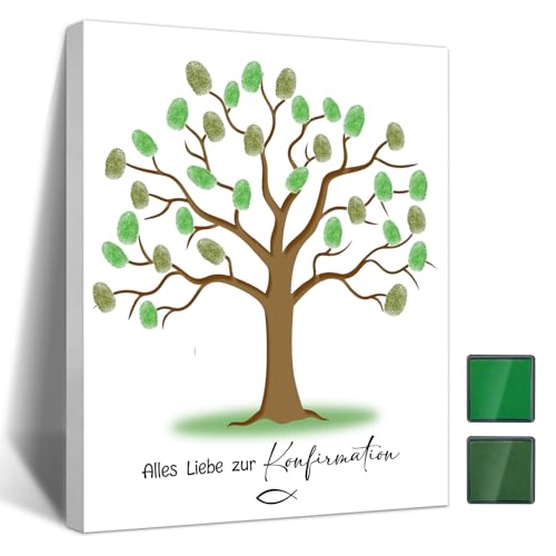 Nujuyg Konfirmation Fingerabdruck Gästebuch Geschenk zur Konfirmation Junge Mädchen Taufe Kommunion Gästebuch - Fingerabdruckbaum Leinwand und Stempel