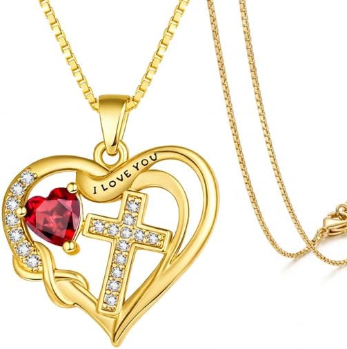 Birthstone Infinity Cross Necklace for Women, Heart Cross 14K Gold /18K White Gold/Rose Gold Womens Pendant Necklace I Love You Jewelry Anniversary Birthday Christmas Gifts for Her Mom Wife