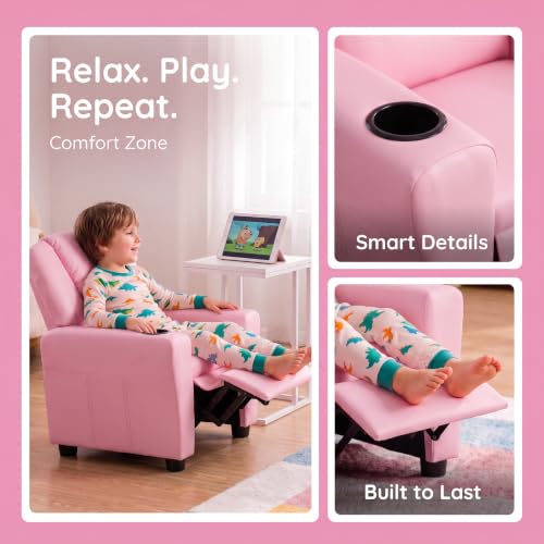 Image of 23 inch W PU Leather Recliner Chair with Cup Holder and Recline, Pink | Mini Recliner Chair Comfort with Adjustable Footrest & Backrest, Youth Boys Girls Recliner for Reading, Gaming, TV, Lounging