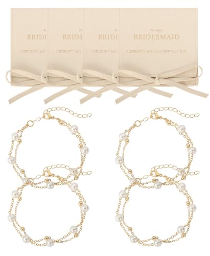 enasal 1/4/6Pcs Bridesmaid Proposal Gifts,Gold Pearl Bracelets for Women,18K Gold Plated Layered Bracelets for Wedding Bridal Party