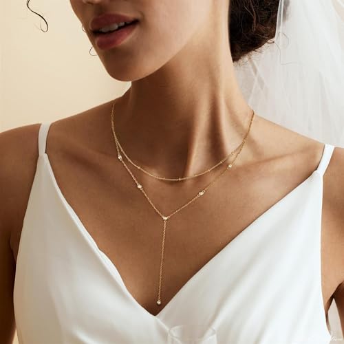 Layered Necklaces for Women,Dainty 14K Gold Plated Long Lariat Necklace Stack Simple Chain Pendant Necklace Fashion Accessories Long Necklaces for Women Trendy Gold Jewelry4