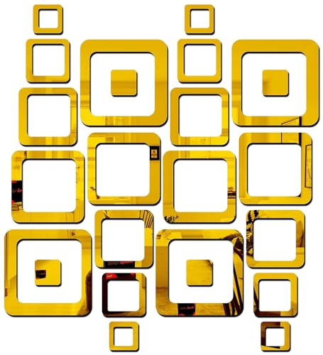 Image of Bikri Kendra - 4 Set Square Golden Decorative Mirror Stickers for Wall, 3D Acrylic Stickers Wall Stickers for Hall Room, Bed Room, Kitchen Living Room Kids Room.