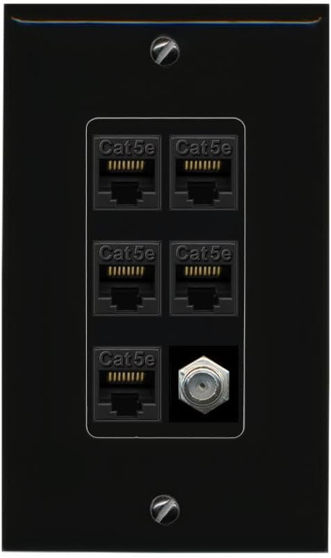 RiteAV 5 Port Cat5e Ethernet and 1 x Coax Wall Plate - 1 Gang Decorative [Stainless/White]