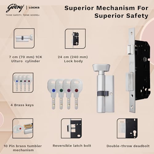Image of Godrej Mortise Lock | Handle Lock Set for Main & Bedroom Door | Home Decor Handle | Satin Steel Finish | 9 Inch Lockbody | 70 mm 1CK Cylinder - Knob from Inside & with 4 Keys | 5 Yrs Warranty