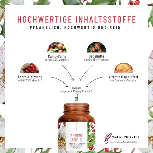 Vitamin C Komplex 180 Kapseln natürliches Vitamin C hochdosiert aus Acerola, Hagebutte & Camu Camu - Natürlich, pflanzlich, vegan und ohne Zusätze - 6 Monatsvorrat