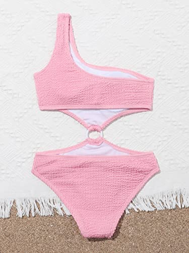 OYOANGLE Girl's Textured One Shoulder Ring Linked Tummy Control Bathing Suit Summer Beach One Pieces Swimsuits2
