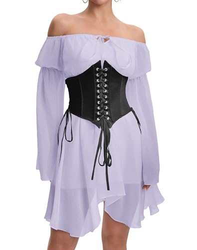 Image of Womens Corset Dress Off Shoulder Bell Sleeve Casual Party Pirate Fairy Dress Set