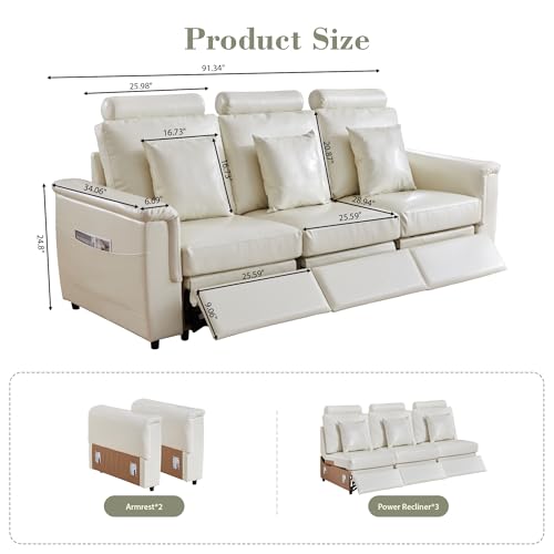 Image of RARZOE Manual 3-Seater Recliner Sofa, Faux Leather 3 Seat Reclining Couches with Headrest, Modern Comfy Recliner Sofa Set with 3 Recliner Chairs for Living Room Home Theater,Beige