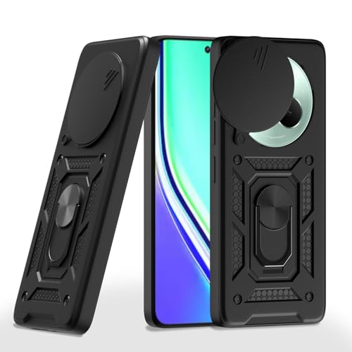 Image of Outlouders Back Cover for Realme P3 Pro 5G | D10 Tough Armor 360 Protection Case with Sliding Camera Shield & Ring Holder Stand Bumper Case (Black)