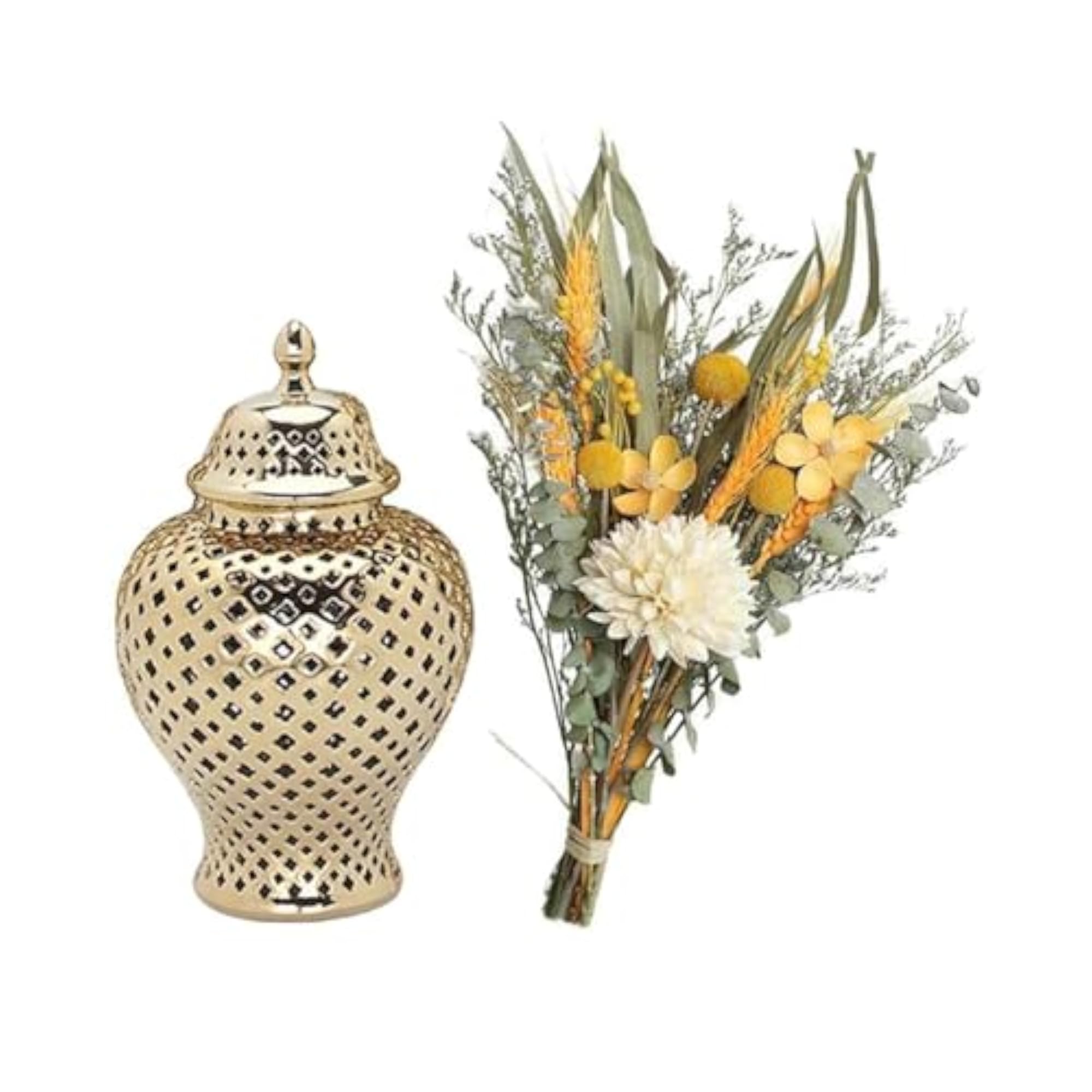 Ceramic Ginger Jar Carved Lattice Temple Decor