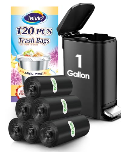 Teivio 1 Gallon(Fit 1-1.2 Gal) 120 Counts Strong Trash Bags 1 Gallon 1.2 Gallon Garbage Bags, Bin Liners, for home office kitchen (Black)