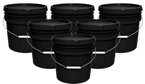 Image of MKS Plastics 3.5-Gallon Bucket with Airtight Lid - Made in USA, Food Grade BPA Free Plastic, Heavy Duty Multi-Use, Metal Handle with Grip, Stackable Storage - Black, 6 Pack