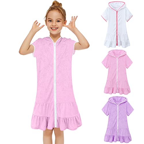 Girls Swim Terry Cloth Cover Ups Kids Swimsuit Coverup Zip-Up Beach Bathing Suit Wraps Summer Short Sleeve Beach Dress