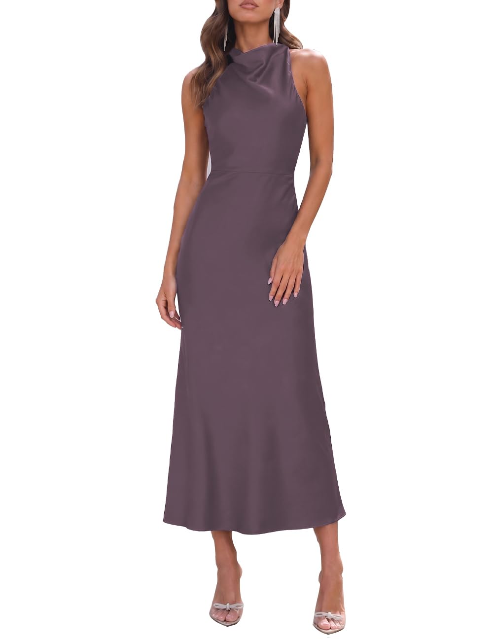 Halfisland Satin High Neck Backless Sleeveless Cross Back Midi Dress, Grape, S