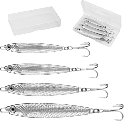 Annswith 4 Pièces Leurres Métalliques pour la Pêche en Mer et Eau Douce avec Hameçons Triples Argent Minnow Cuillère 20/30/40/60g Brochet Équipement de...