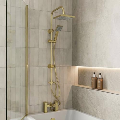 Architeckt Square Waterfall Bath Shower System Mixer Shower Tap with Modern Square Riser Rail Kit Dual Rainfall Shower Heads Handset Brushed Brass