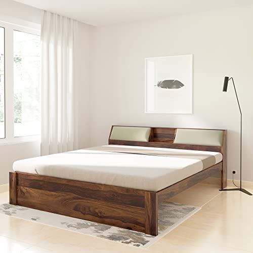 Image of Solid Wood Cazz King Size Bed with Headboard Storage | Palang Cots Wooden Double Beds for Bedroom, Living Room, Hotel and Home (Natural Finish)