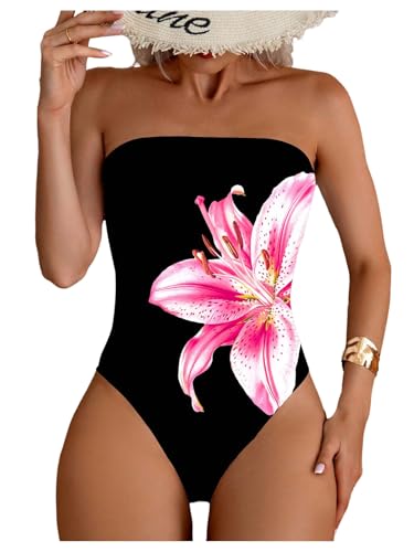 SOLY HUX Women's One Piece Swimsuit Floral Print Bandeau Strapless Bathing Suit Swimwear
