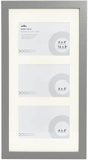 wilko Grey 3 Aperture Photo Frame, Wall Hung, Portrait or Landscape Holds 3 Mounted Photos 6 x 4 Inch or 1 Photo Unmounted 16 x 8 Inch