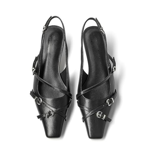 LEMUTISME Women's Stylish Matte Leather Square Toe Buckled Dressy Low Kitten Heel Chic Strappy Slingback Pumps Shoes4