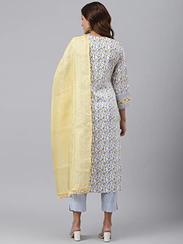 Image of GoSriKi Women's Cotton Blend Straight Printed Kurta with Pant & Dupatta (Mulhar STY-GO)