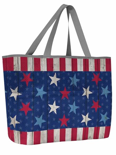Mesh Beach Bag Oversized Tote Bags for Women Blue Stars Independence Day Red Stripe Vintage Wood Grain Large Travel Bags